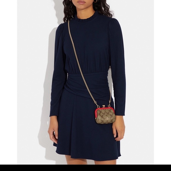 NEW Coach Nora Kisslock Card Case In Signature Canvas Detachable Chain Khaki/Red - Picture 3 of 3